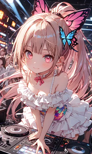 蝶のDJ少女、ネオンの夜に舞う