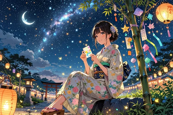 星空の竹飾りに願いを託す夏の夜