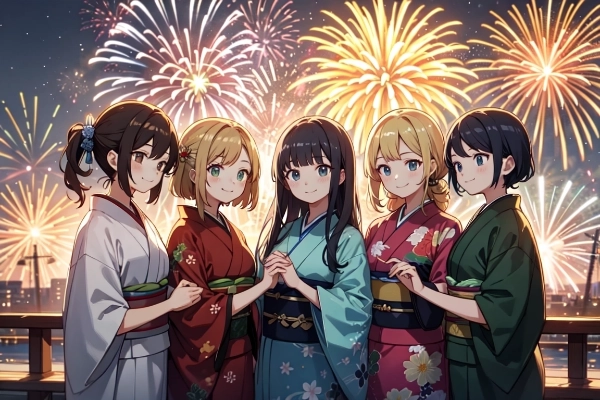 来年またみんなで花火見に行こう！！（女性グループ版）10枚（レトロモダン街シリーズ・その17）