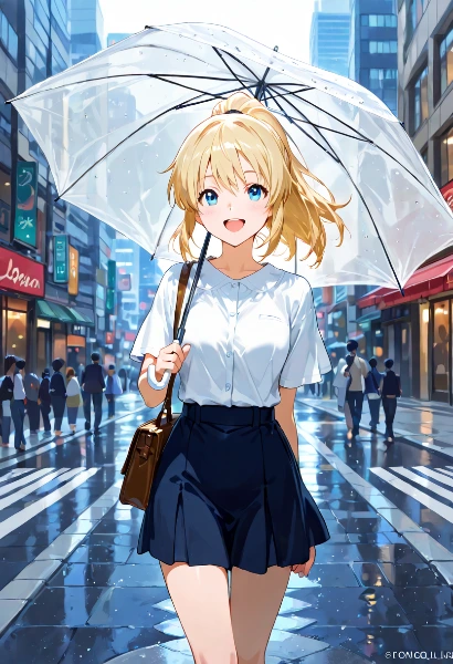 雨の街で輝く少女の秘密の笑顔