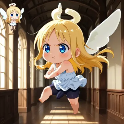 大廊下を飛ぶご機嫌ナナメなオス天使