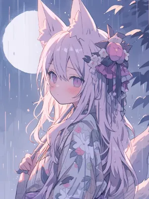 雨の月夜に微笑む白狐の少女