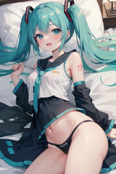 自宅に帰ってきてベッドにダイブしてセーラー服を半分脱いでる初音ミクさん