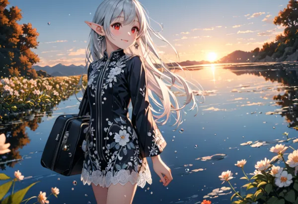 夕陽の湖に降り立つ銀髪の旅人