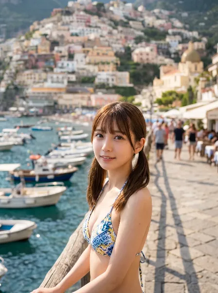 海辺の港町で微笑む夏の少女