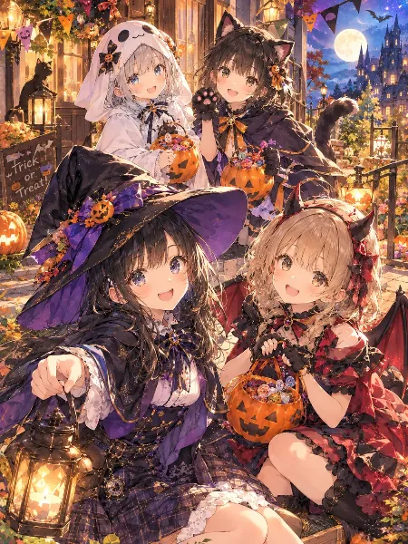 満月の夜に集うハロウィン少女たち。