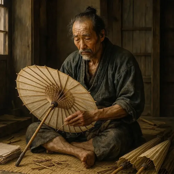傘張り内職に精を出す素浪人侍