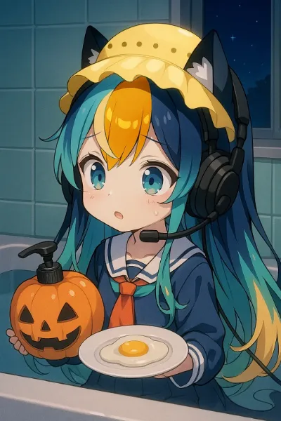 風呂でフリル帽子を被って通話ヘッドセットを付けて目玉焼きを食べながらハロウィンカボチャのシャンプーボトルを鑑賞するぴくたーちゃん