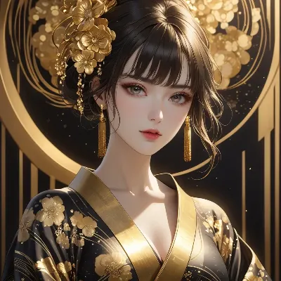 黄金に輝く着物の美女