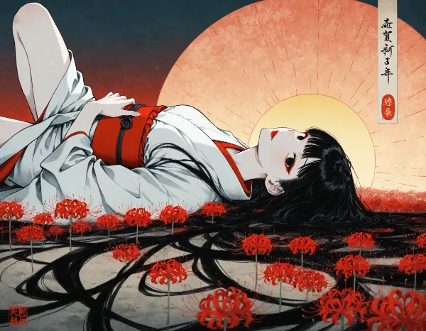 黒髪女性と彼岸花