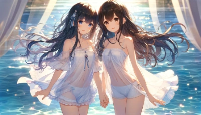 海辺の仲良し姉妹