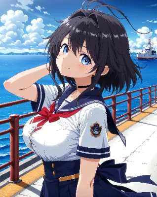海風で髪がなびく黒髪少女