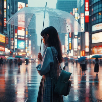 雨の街で佇む女性
