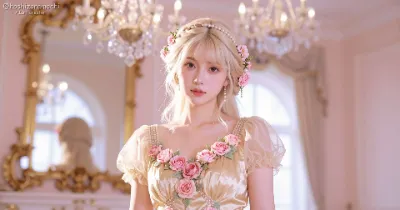 【洋風ファンタジー】絢爛なシャンデリアと薔薇に包まれた金髪姫のロココ調ドレススタイル princess in romantic palace