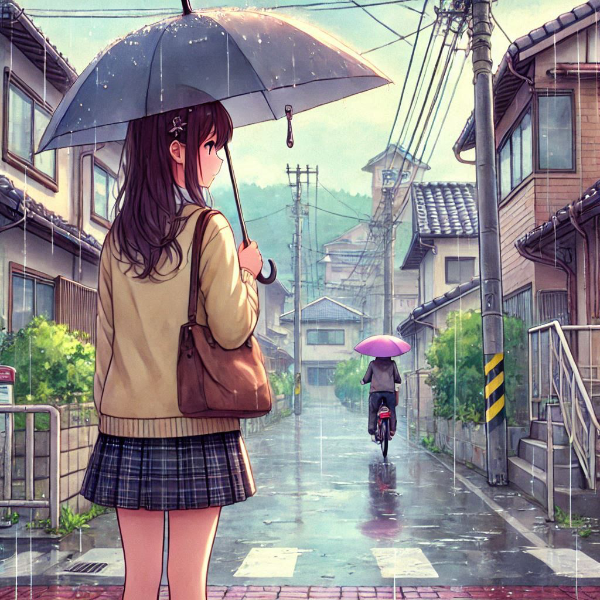 土砂降りの中、傘挿して歩いてる女子高生