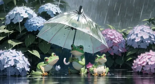 梅雨のカエルとアジサイ (壁紙)