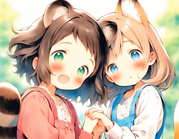 コン子とポン子・首を傾げる