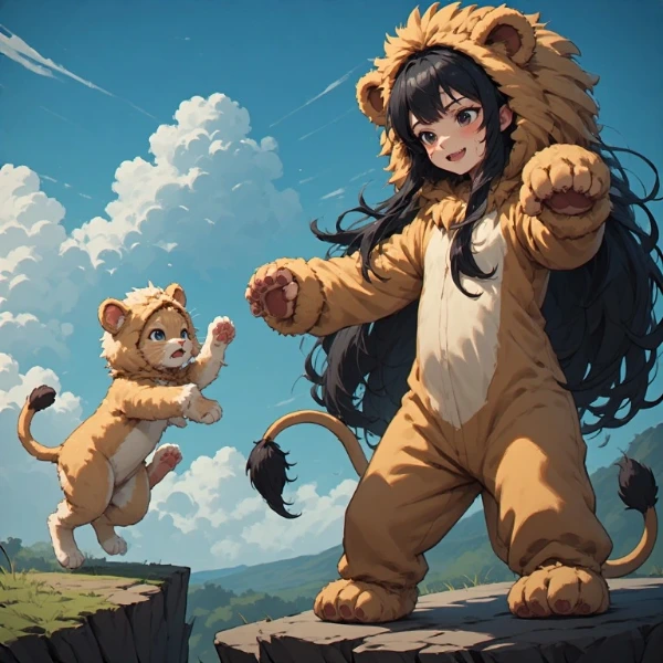 ライオン少女と子ライオンの崖上ダンス