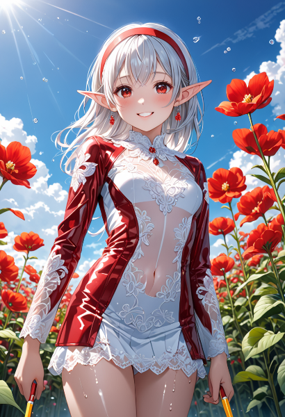 赤い花畑のエルフ少女の微笑み