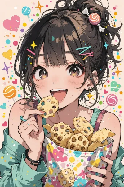 甘いお菓子に包まれた少女の笑顔