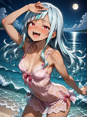満月の海で笑う銀髪ギャルの肢体