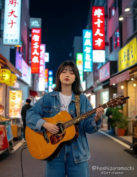 夜の星屑ステージ — 夜に路上ライブで歌う女性 / Night Stardust Stage - A woman singing on the street at night