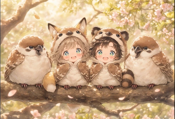 コン子とポン子・スズメさんと遊んだ