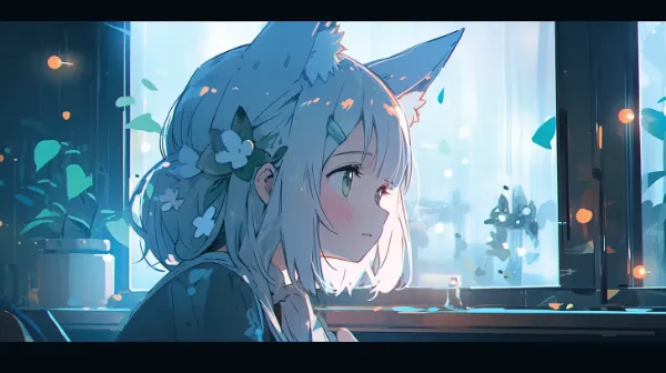 雨の調べに耳を傾ける狐の少女