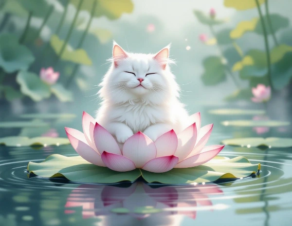 蓮の花に座す癒しの猫 / A soothing cat sitting on a lotus flower