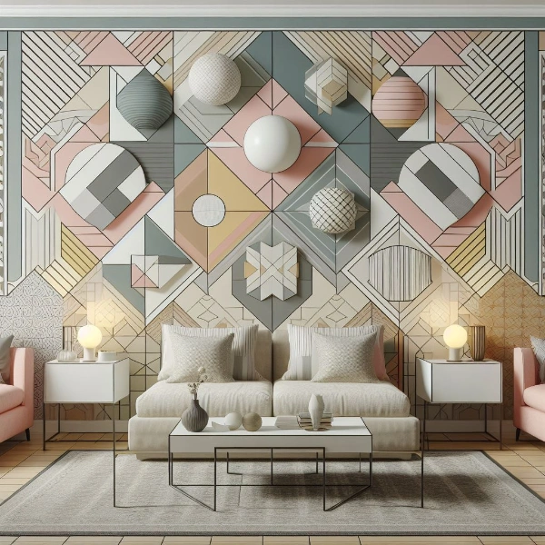 パステルトーンの幾何学模様の壁紙の部屋