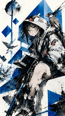 青の迷宮で本を読む鳥の少女