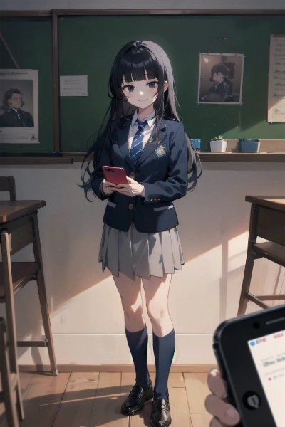 スマホのカメラで七不思議の場所を撮影する部長（音楽室）