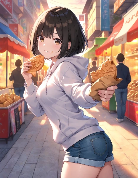 たい焼き片手の夕暮れ少女(自動生成)