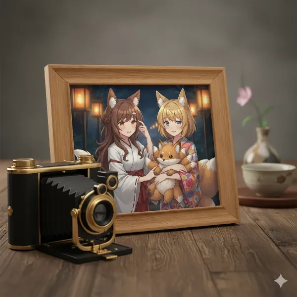 写真とキツネとぬいぐるみ