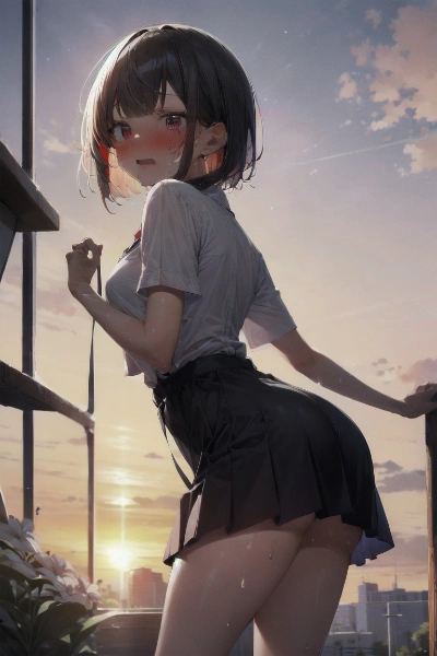 夕焼けと汗だくの女の子