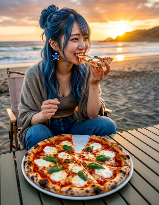 リンちゃんファッション💙ビーチでピザ