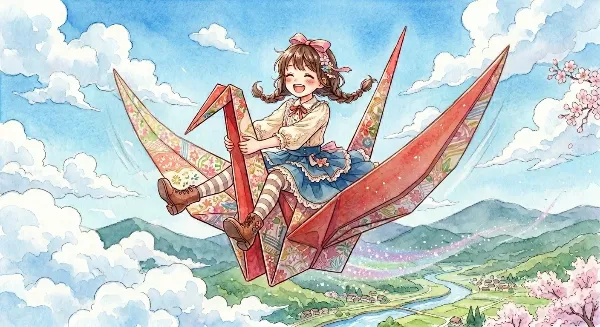 折り紙鶴と少女の春空冒険。