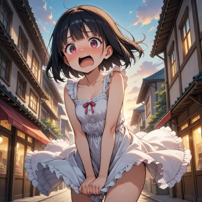 夕暮れの路地で風に翻るドレス