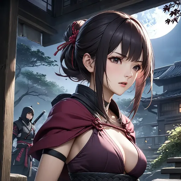 月下の黒髪美女