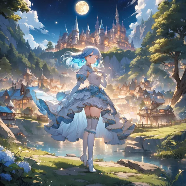 月夜の城下で舞う青き姫の調べ