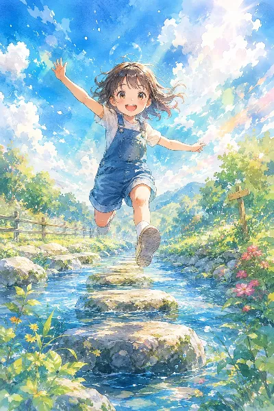 小川を飛び越える少女の夏の冒険。