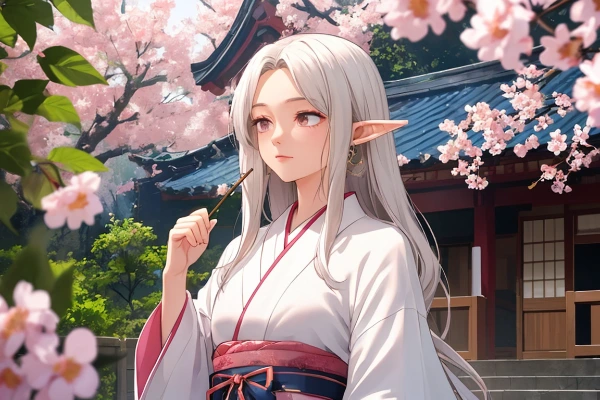 梅咲く庭で物思いにふけるエルフさん