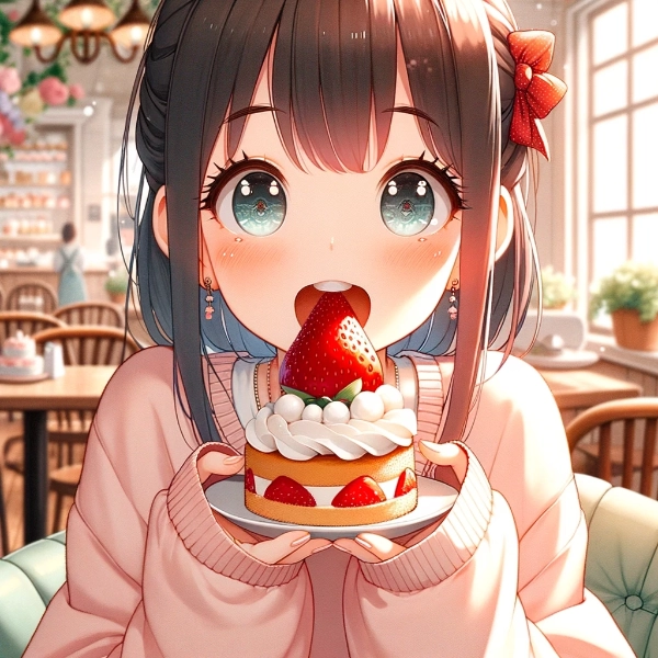 イチゴのショートケーキを食べる女の子