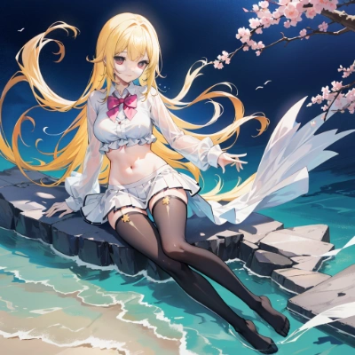 桜と海と座る少女