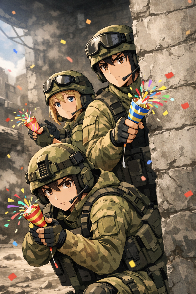 パーティークラッカーを構えている兵士