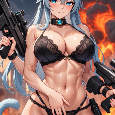 炎を背に銃を構える猫耳少女
