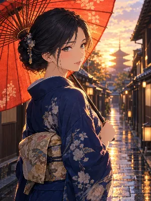 夕陽に微笑む紅傘の散歩