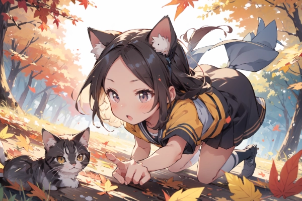 秋と仔猫と紅葉と