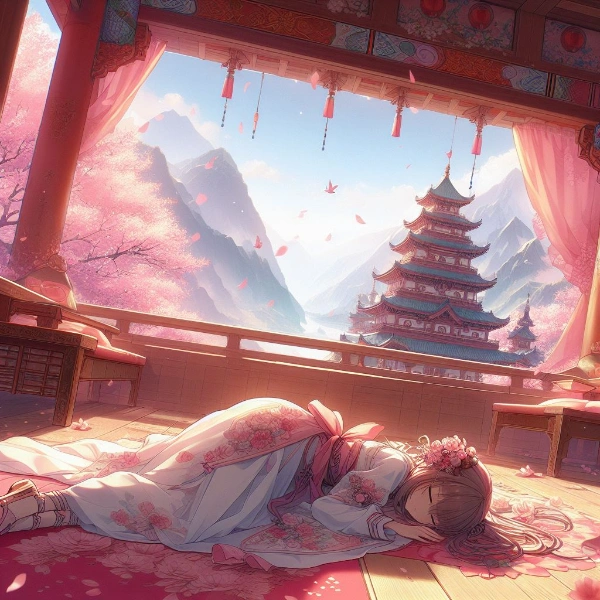 桃山の城にて伏し目になっている少女