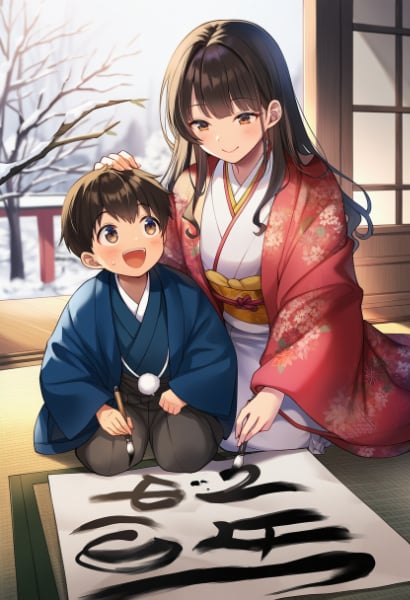 おねショタ　仲良く書き初め